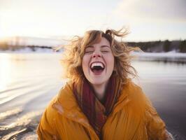 Woman enjoys in the winter day in emotional playful pose AI Generative photo