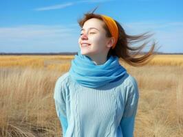 Woman enjoys in the winter day in emotional playful pose AI Generative photo