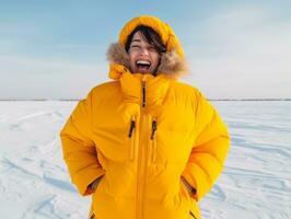 Woman enjoys in the winter day in emotional playful pose AI Generative photo