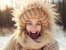 Woman enjoys in the winter day in emotional playful pose AI Generative photo