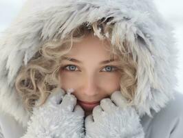 Woman enjoys in the winter day in emotional playful pose AI Generative photo