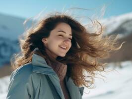 Woman enjoys in the winter day in emotional playful pose AI Generative photo