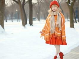 mujer disfruta en el invierno día en emocional juguetón actitud ai generativo foto