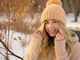 mujer disfruta en el invierno día en emocional juguetón actitud ai generativo foto