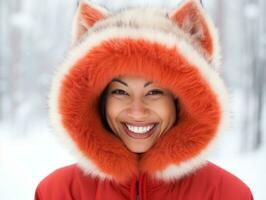 Woman enjoys in the winter day in emotional playful pose AI Generative photo