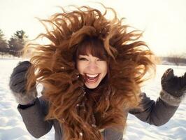 Woman enjoys in the winter day in emotional playful pose AI Generative photo