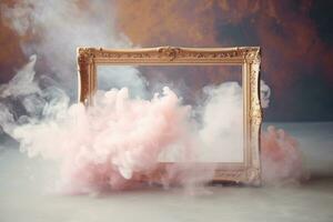 Generative AI, pastel light smoke around empty vintage beautiful frame. photo