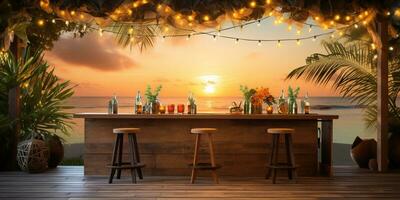 Generative AI, Tropical summer sunset beach bar background. Outdoor restaurant, Led light candles and wooden tables, chairs under beautiful sunset sky, sea view. photo