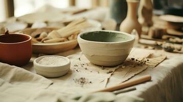 Generative AI, crafted pottery, still life of hand made pottery and ceramic bowls, hobby and leisure concept photo