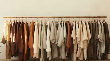 Generative AI, Cloth store aesthetic background, photo of clothes hanging on hangers, muted neutral colors