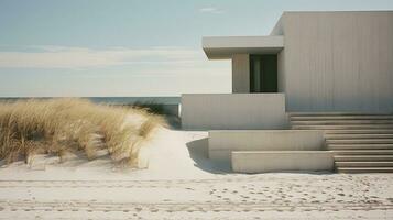 Generative AI, Beach aesthetic villa house and coast landscape, muted colors, minimalism photo