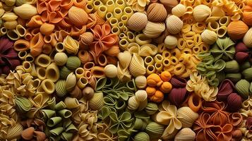 Generative AI, Variety of types, colors and shapes of Italian pasta, texture background photo