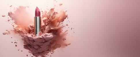 Generative AI, Nude beige color lipstick, beige and pink powder splashes and smoke with copy space. photo
