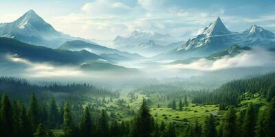 Generative AI, Misty fir forest beautiful landscape in hipster vintage retro style, foggy mountains and trees. photo