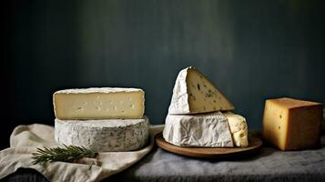 Generative AI, Different types of cheese on the table, aesthetic muted neutral colors photo