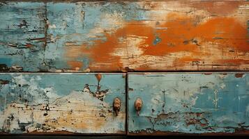 Generative AI, old dresser wooden texture. Blue, turquoise, yellow and orange colors. Vintage grunge background photo