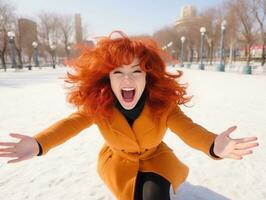 mujer disfruta en el invierno día en emocional juguetón actitud ai generativo foto