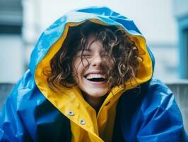 Woman enjoys in the winter day in emotional playful pose AI Generative photo