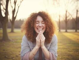 Woman enjoys in the winter day in emotional playful pose AI Generative photo