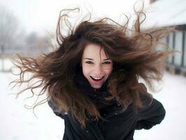 Woman enjoys in the winter day in emotional playful pose AI Generative photo