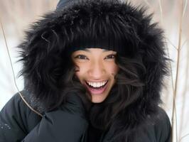 Woman enjoys in the winter day in emotional playful pose AI Generative photo