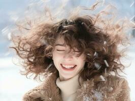 mujer disfruta en el invierno día en emocional juguetón actitud ai generativo foto