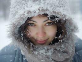 Woman enjoys in the winter day in emotional playful pose AI Generative photo