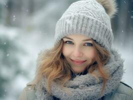 Woman enjoys in the winter day in emotional playful pose AI Generative photo