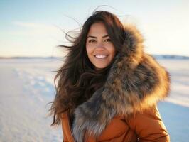 Woman enjoys in the winter day in emotional playful pose AI Generative photo