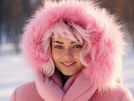 Woman enjoys in the winter day in emotional playful pose AI Generative photo
