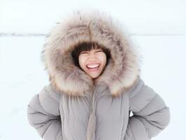 Woman enjoys in the winter day in emotional playful pose AI Generative photo
