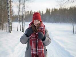 Woman enjoys in the winter day in emotional playful pose AI Generative photo