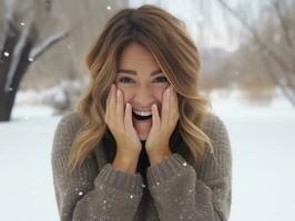 mujer disfruta en el invierno día en emocional juguetón actitud ai generativo foto