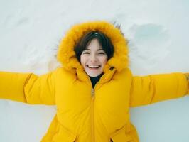 Woman enjoys in the winter day in emotional playful pose AI Generative photo