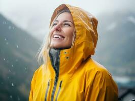 Woman enjoys in the winter day in emotional playful pose AI Generative photo