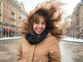 Woman enjoys in the winter day in emotional playful pose AI Generative photo