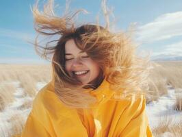 Woman enjoys in the winter day in emotional playful pose AI Generative photo