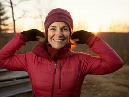 Woman enjoys in the winter day in emotional playful pose AI Generative photo