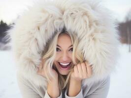 Woman enjoys in the winter day in emotional playful pose AI Generative photo