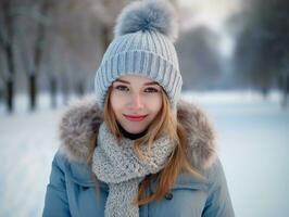 Woman enjoys in the winter day in emotional playful pose AI Generative photo