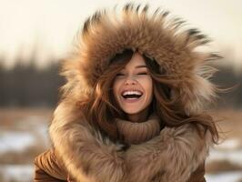 Woman enjoys in the winter day in emotional playful pose AI Generative photo