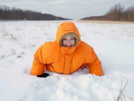 mujer disfruta en el invierno día en emocional juguetón actitud ai generativo foto