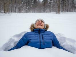 mujer disfruta en el invierno día en emocional juguetón actitud ai generativo foto