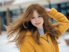 Woman enjoys in the winter day in emotional playful pose AI Generative photo