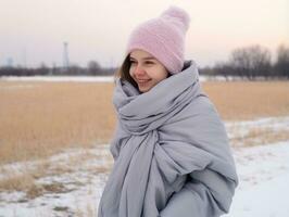 Woman enjoys in the winter day in emotional playful pose AI Generative photo