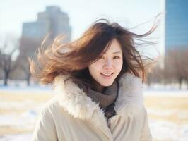 Woman enjoys in the winter day in emotional playful pose AI Generative photo