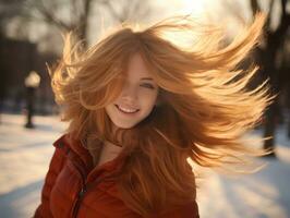 Woman enjoys in the winter day in emotional playful pose AI Generative photo