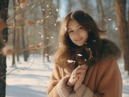 mujer disfruta en el invierno día en emocional juguetón actitud ai generativo foto