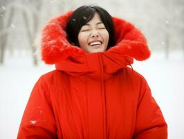 Woman enjoys in the winter day in emotional playful pose AI Generative photo