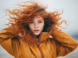 mujer disfruta en el invierno día en emocional juguetón actitud ai generativo foto